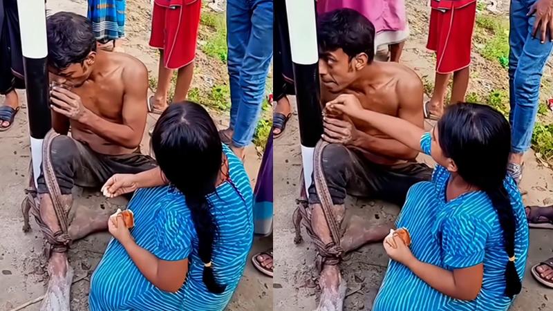“খুঁটিতে বাঁধা ক্ষুধার্ত বাবার মুখে রুটি তুলে দিল মেয়ে”